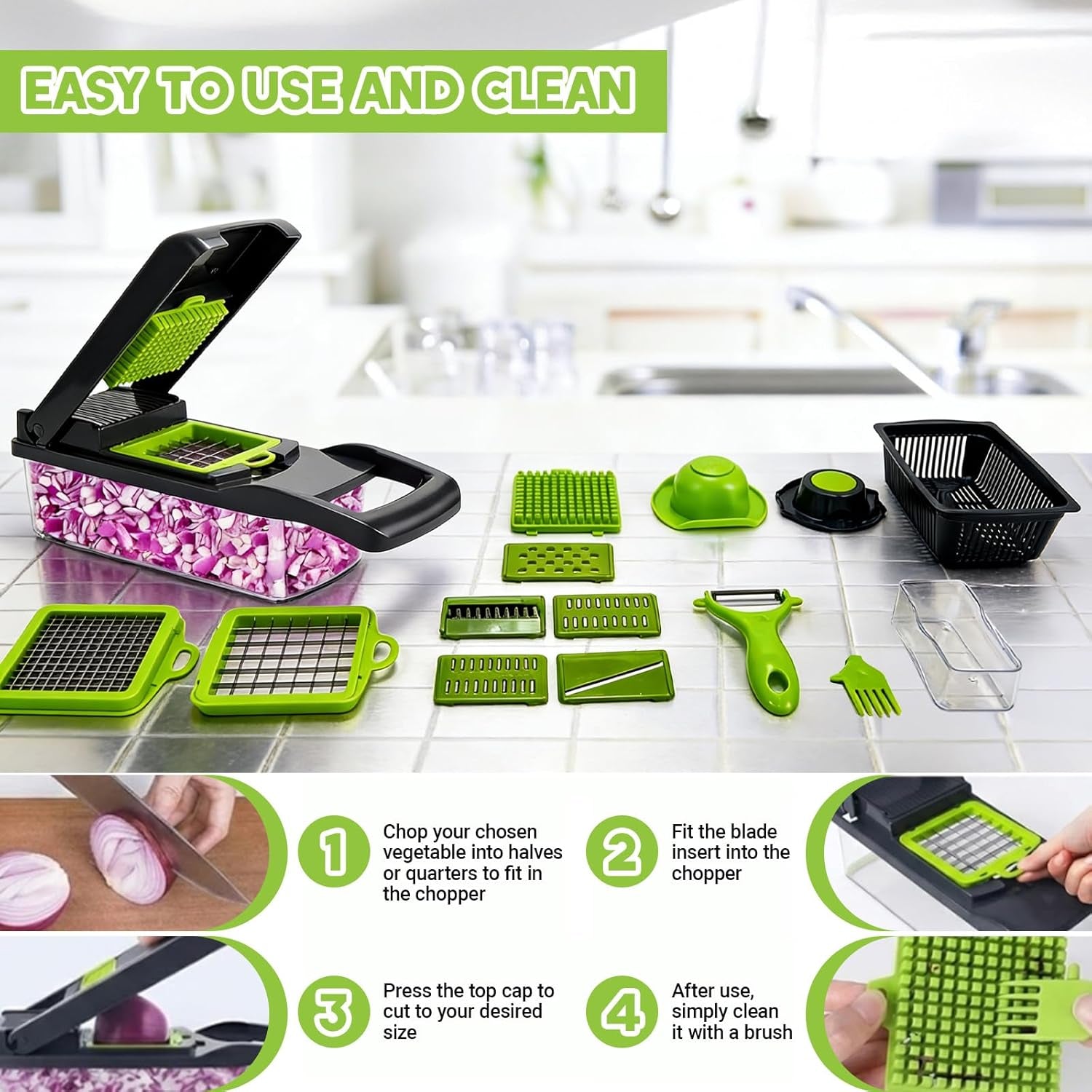 16 in 1 Vegetable Chopper,Vegetable Cutter Mandoline,Veg Chopper and Dicer with 1.2L Container & Draining Basket, Kitchen Multifunctional Mandoline Vegetable Slicer for Veggies,Onion,Garlic,Potatoes