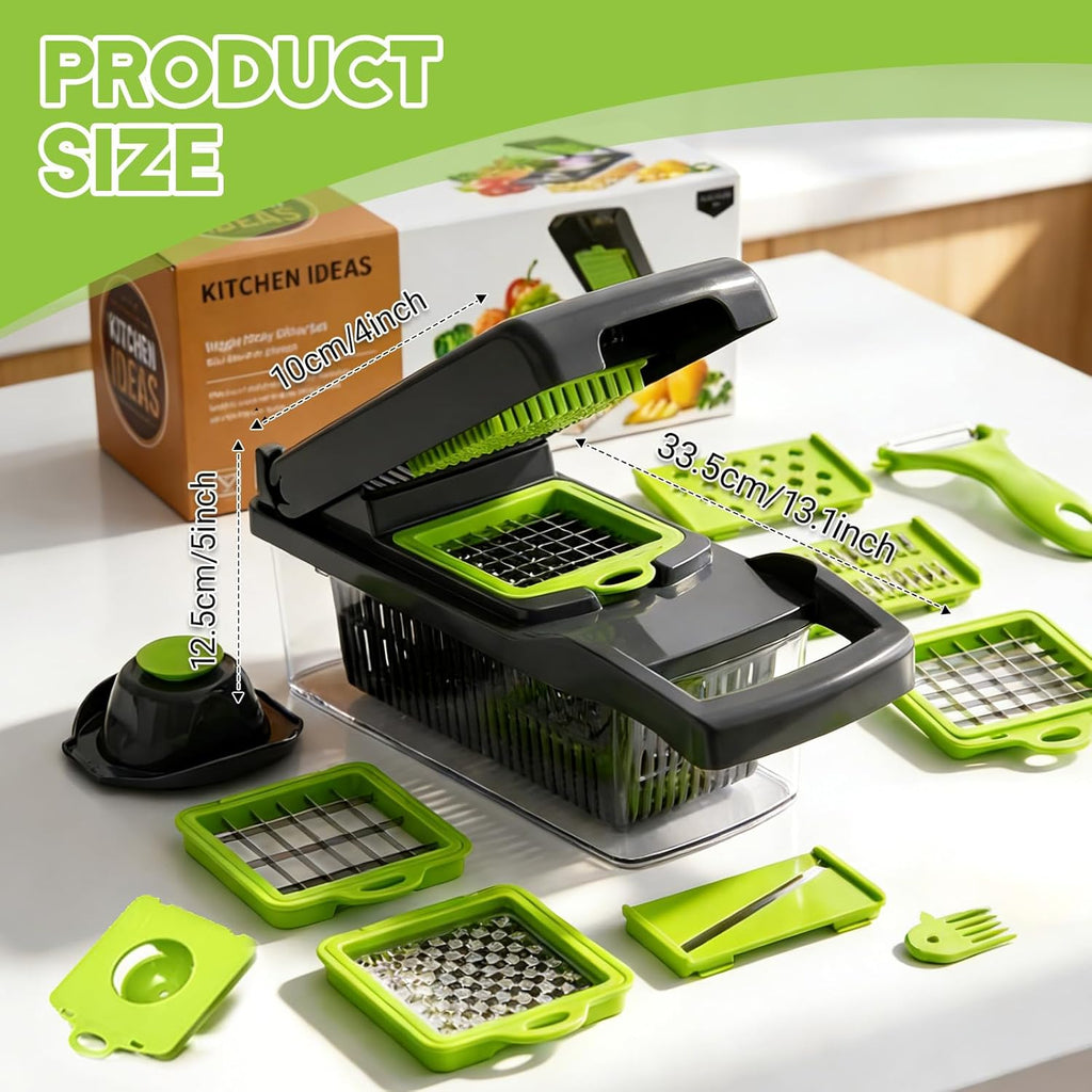 16 in 1 Vegetable Chopper,Vegetable Cutter Mandoline,Veg Chopper and Dicer with 1.2L Container & Draining Basket, Kitchen Multifunctional Mandoline Vegetable Slicer for Veggies,Onion,Garlic,Potatoes
