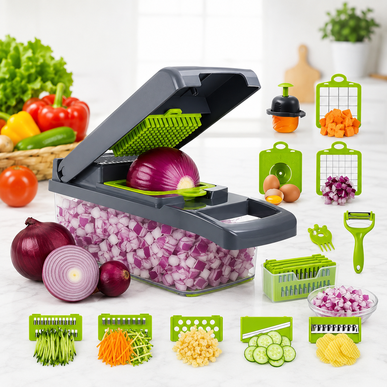 16 in 1 Vegetable Chopper,Vegetable Cutter Mandoline,Veg Chopper and Dicer with 1.2L Container & Draining Basket, Kitchen Multifunctional Mandoline Vegetable Slicer for Veggies,Onion,Garlic,Potatoes