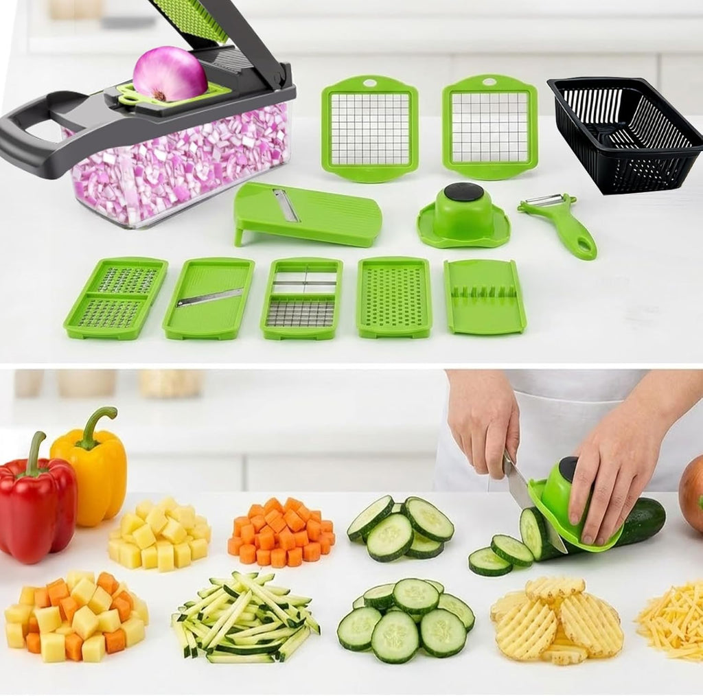 16 in 1 Vegetable Chopper,Vegetable Cutter Mandoline,Veg Chopper and Dicer with 1.2L Container & Draining Basket, Kitchen Multifunctional Mandoline Vegetable Slicer for Veggies,Onion,Garlic,Potatoes