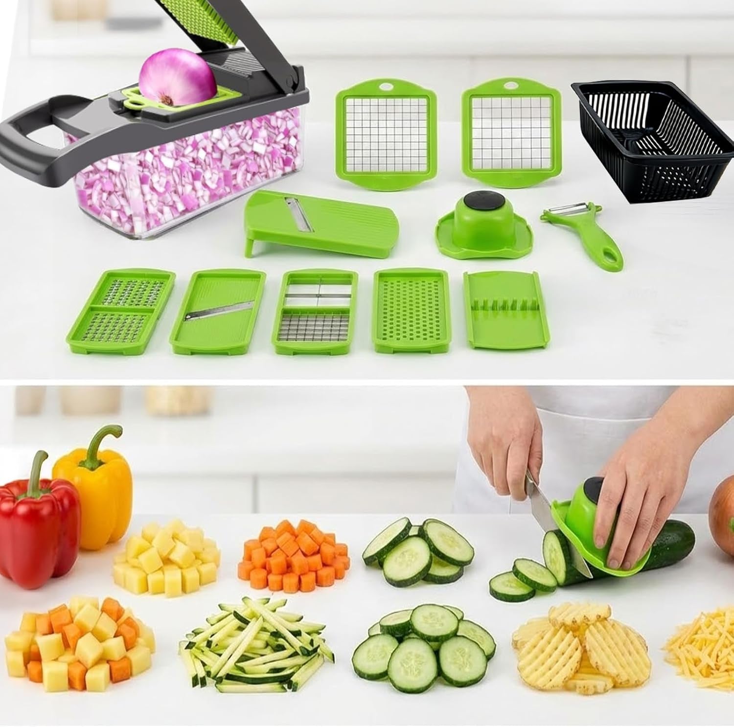 16 in 1 Vegetable Chopper,Vegetable Cutter Mandoline,Veg Chopper and Dicer with 1.2L Container & Draining Basket, Kitchen Multifunctional Mandoline Vegetable Slicer for Veggies,Onion,Garlic,Potatoes