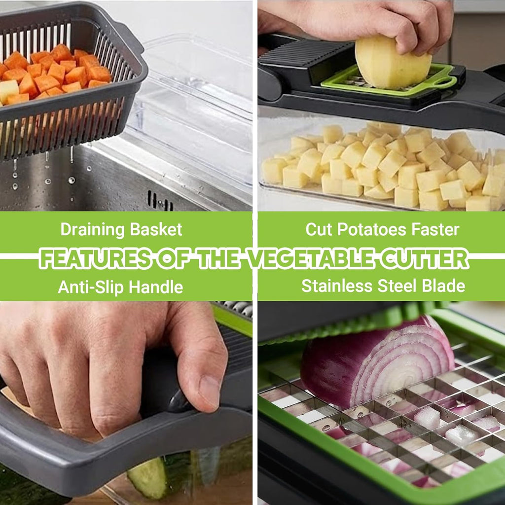 16 in 1 Vegetable Chopper,Vegetable Cutter Mandoline,Veg Chopper and Dicer with 1.2L Container & Draining Basket, Kitchen Multifunctional Mandoline Vegetable Slicer for Veggies,Onion,Garlic,Potatoes