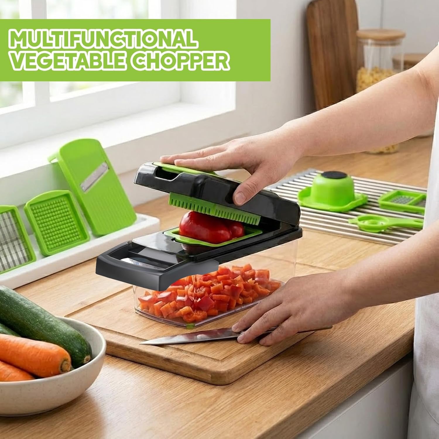 16 in 1 Vegetable Chopper,Vegetable Cutter Mandoline,Veg Chopper and Dicer with 1.2L Container & Draining Basket, Kitchen Multifunctional Mandoline Vegetable Slicer for Veggies,Onion,Garlic,Potatoes